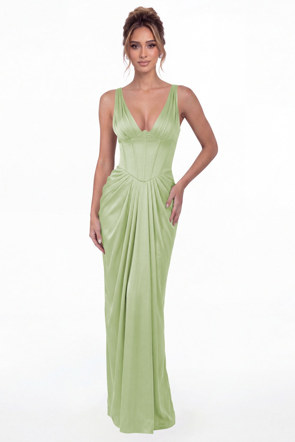 Sage Green V Neck Ruched Satin Maxi Dress - Front View