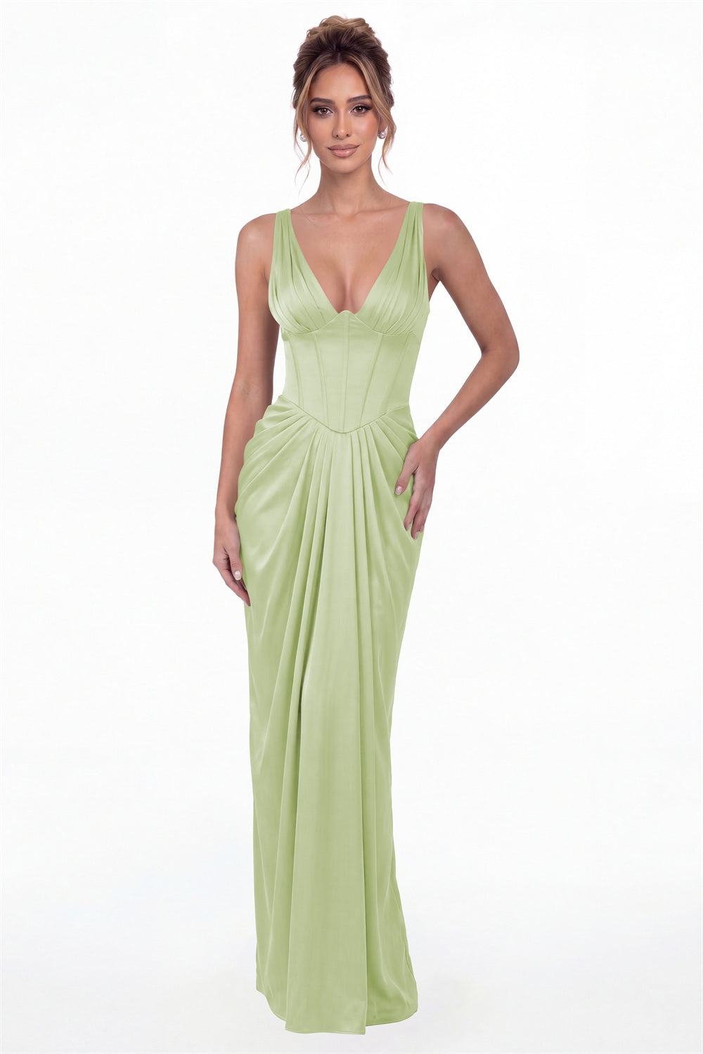 Sage Green V Neck Ruched Satin Maxi Dress - Front View