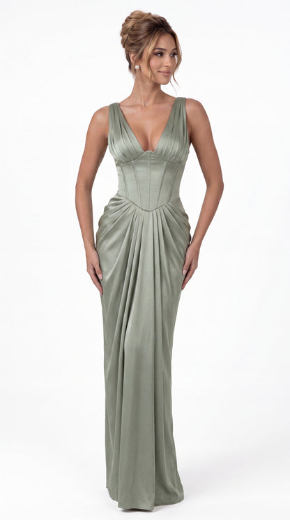 V Neck Ruched Satin Maxi Dress - Detail View 5