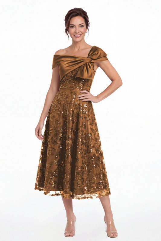 Brown Off Shoulder Bow Sequin A-Line Midi Dress - Front View