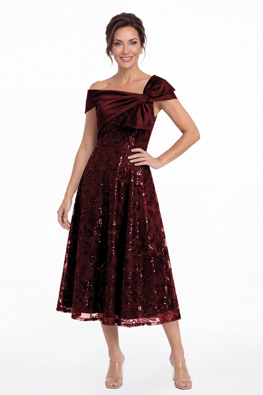 Burgundy Off Shoulder Bow Sequin A-Line Midi Dress - Front View
