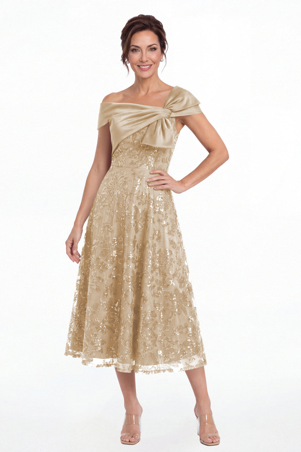 Champagne Off Shoulder Bow Sequin A-Line Midi Dress - Front View