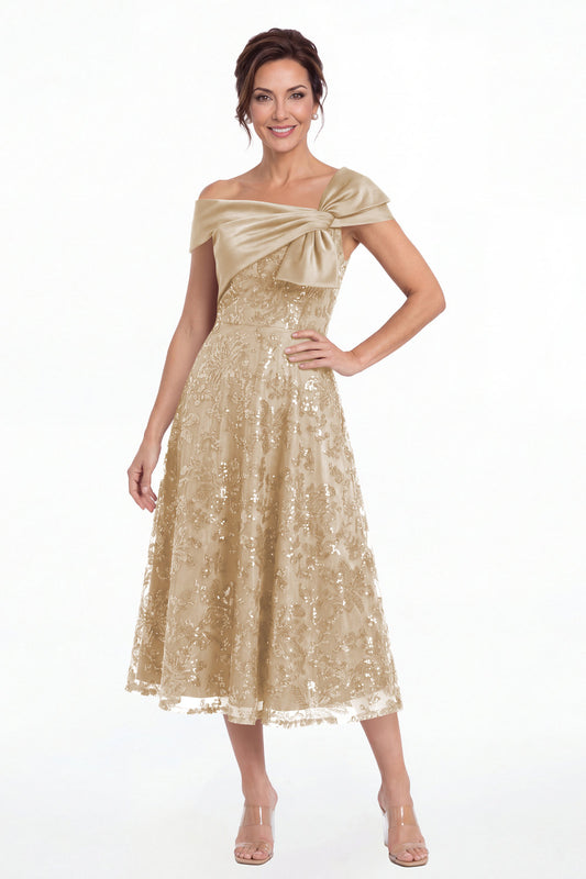 Champagne Off Shoulder Bow Sequin A-Line Midi Dress - Front View