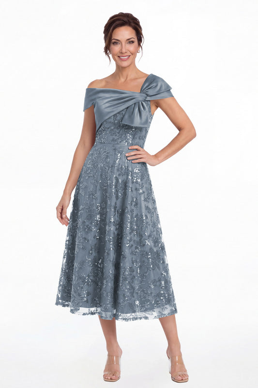 Dusty Blue Off Shoulder Bow Sequin A-Line Midi Dress - Front View