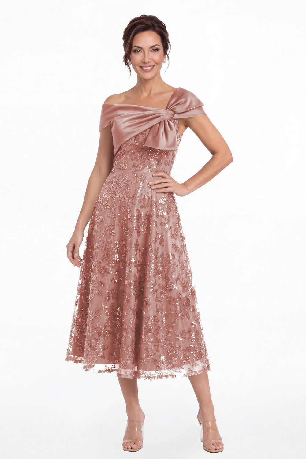 Dusty Rose Off Shoulder Bow Sequin A-Line Midi Dress - Front View