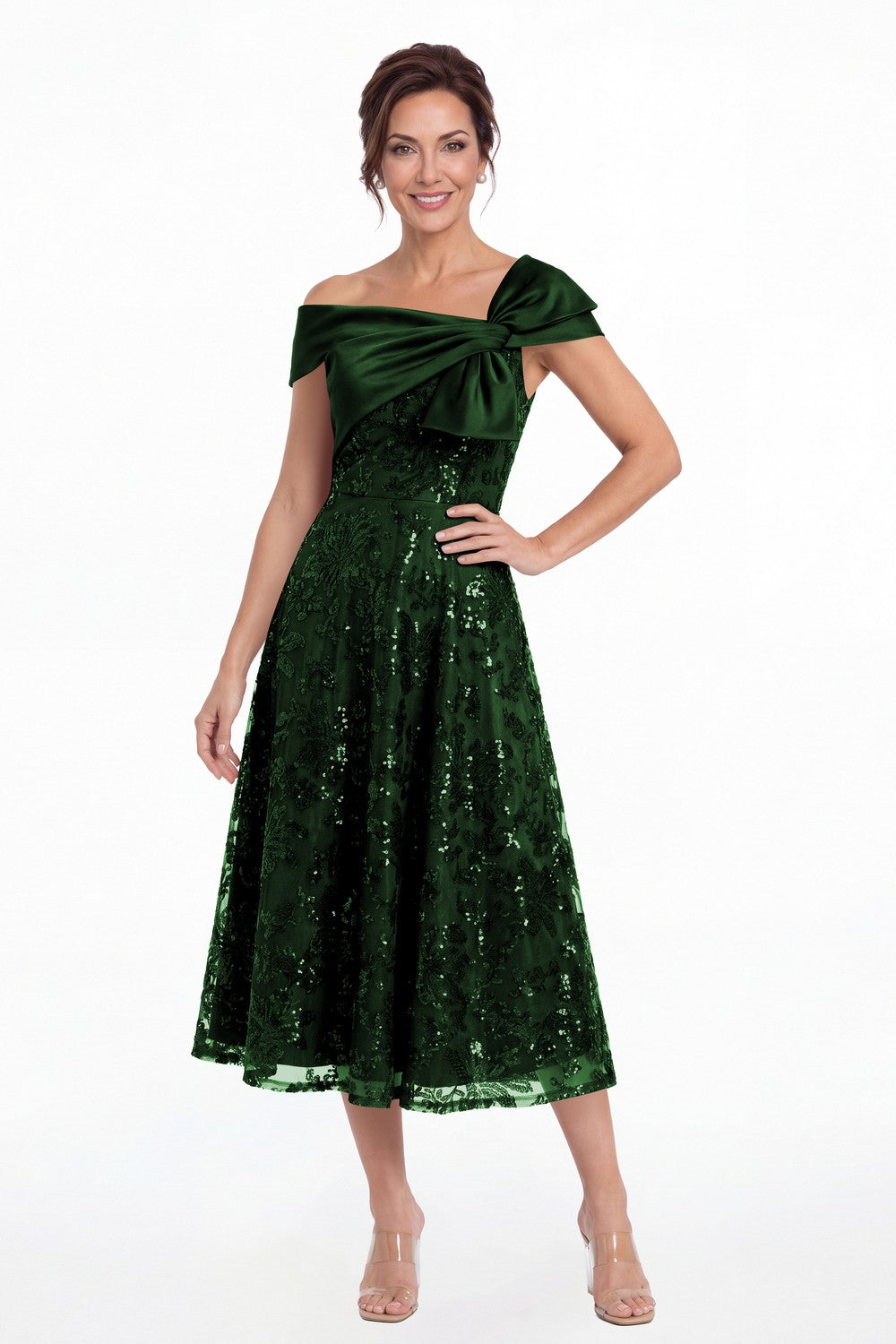 Emerald Green Off Shoulder Bow Sequin A-Line Midi Dress - Front View