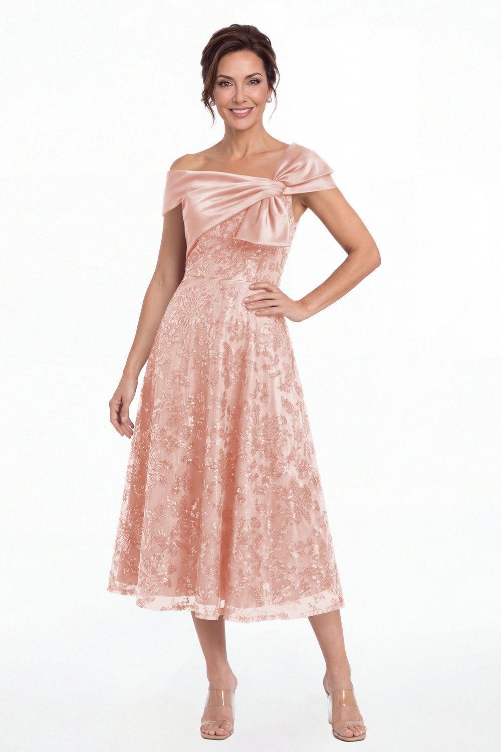 Light Pink Off Shoulder Bow Sequin A-Line Midi Dress - Front View