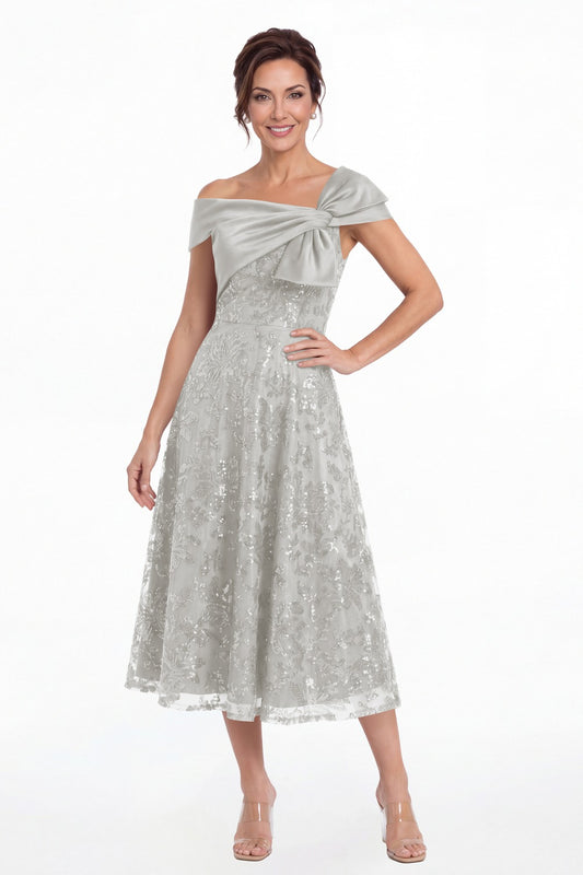 Silver Off Shoulder Bow Sequin A-Line Midi Dress - Front View