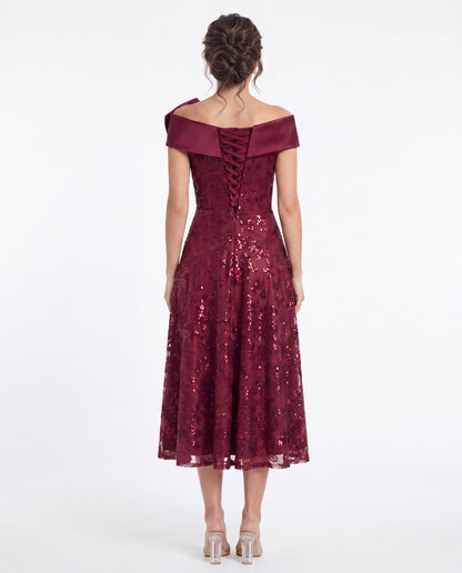 Off Shoulder Bow Sequin A-Line Midi Dress - Back View