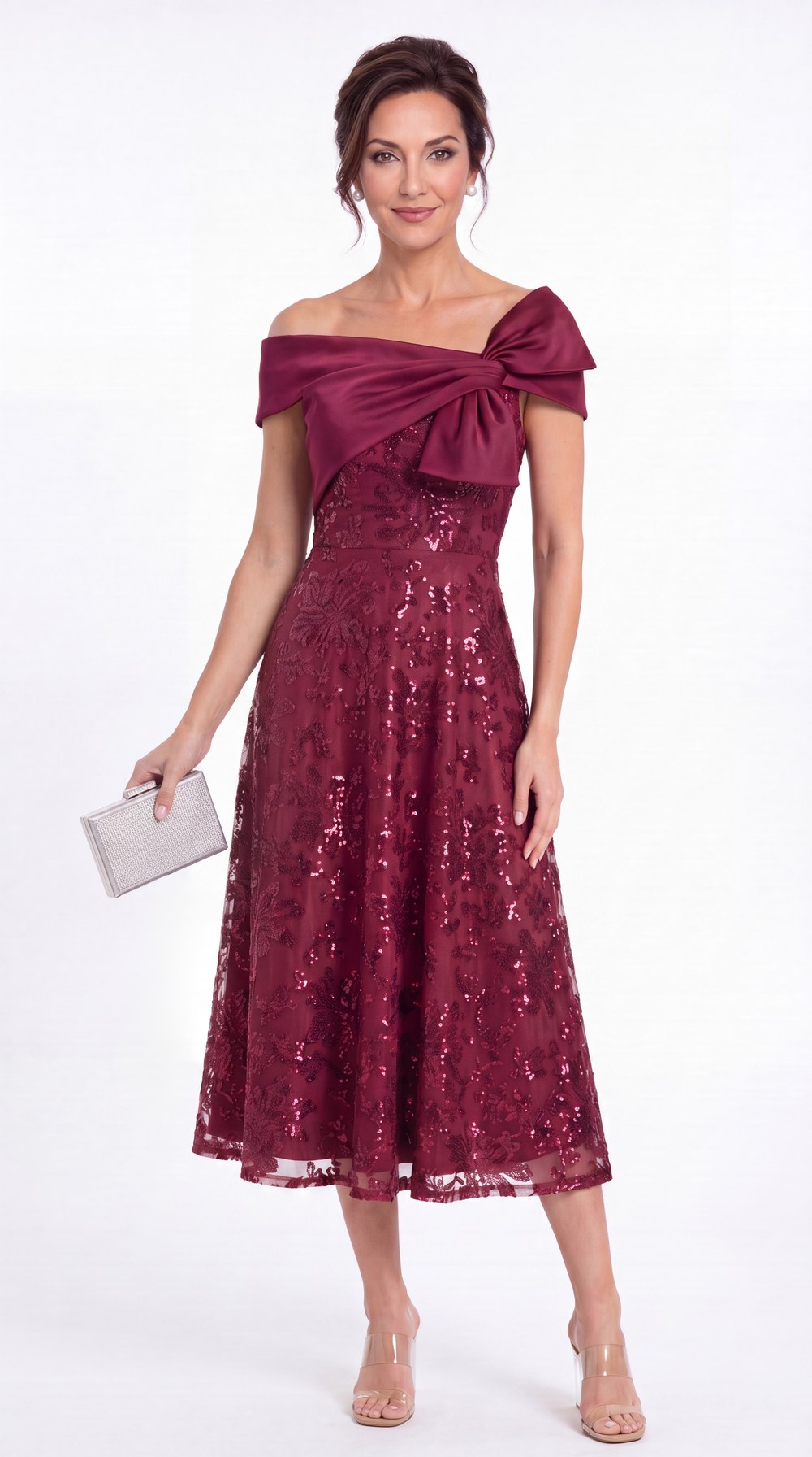 Off Shoulder Bow Sequin A-Line Midi Dress - Detail View 4