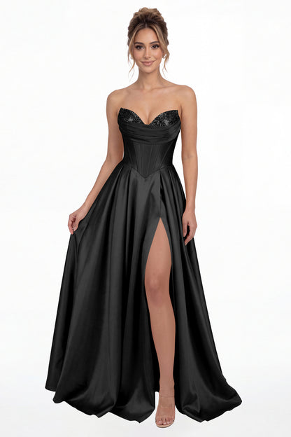 Black Strapless Sequin Corset Satin Slit Prom Gown - Front View