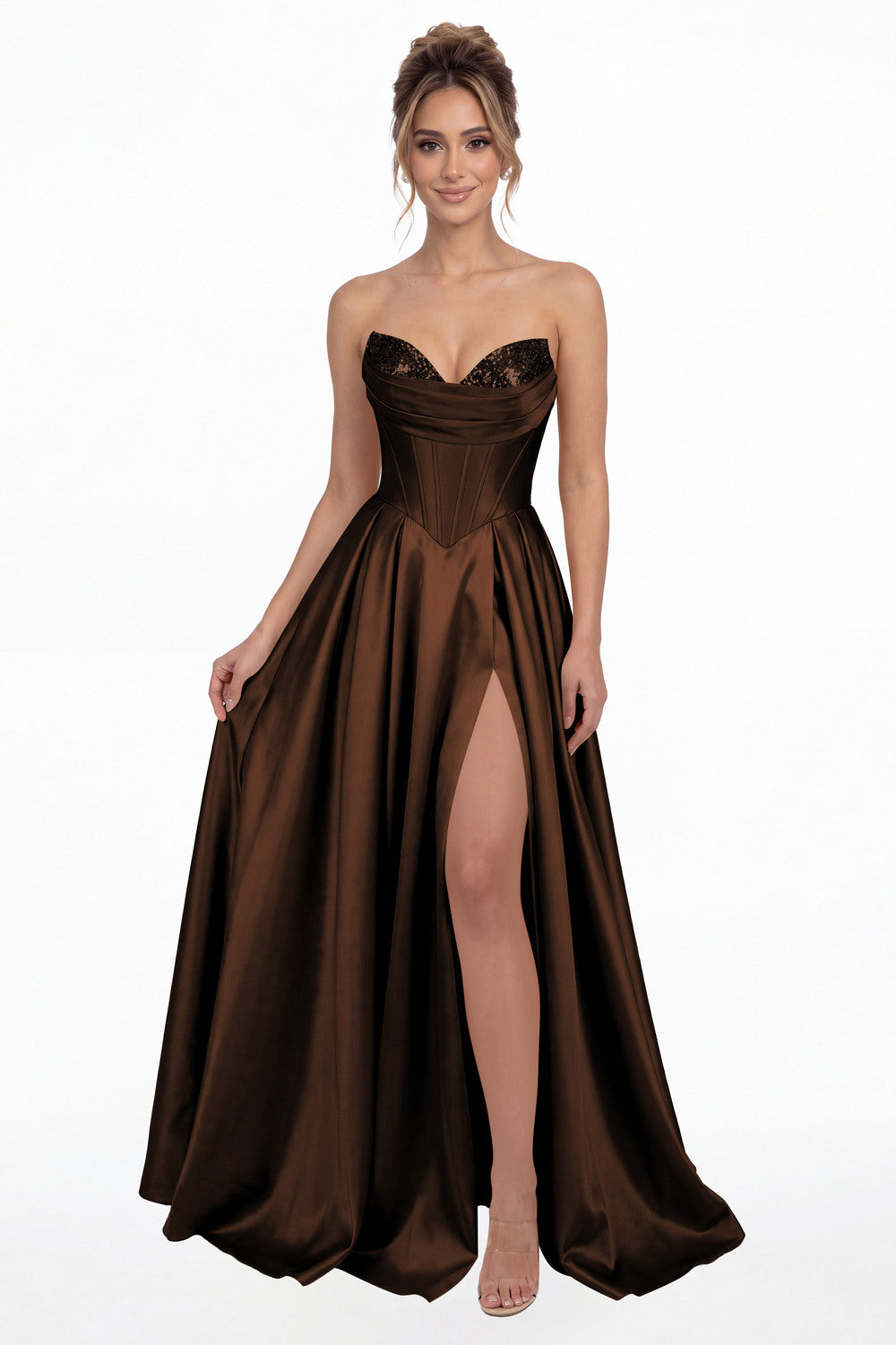 Brown Strapless Sequin Corset Satin Slit Prom Gown - Front View