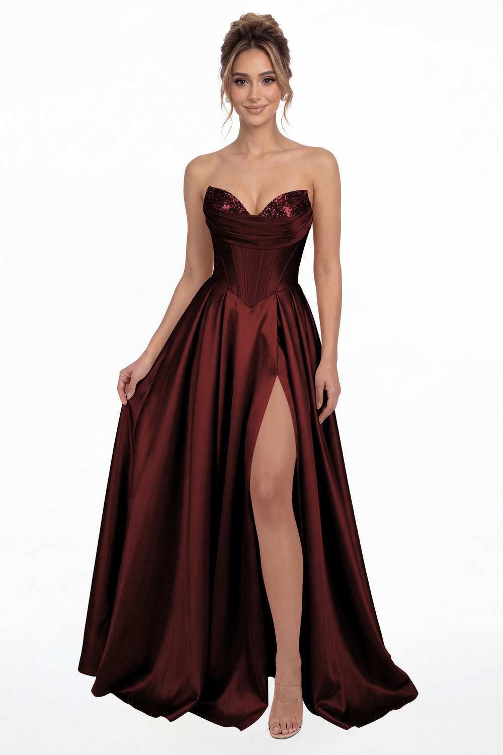 Burgundy Strapless Sequin Corset Satin Slit Prom Gown - Front View