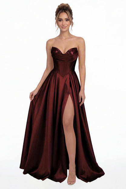 Burgundy Strapless Sequin Corset Satin Slit Prom Gown - Front View