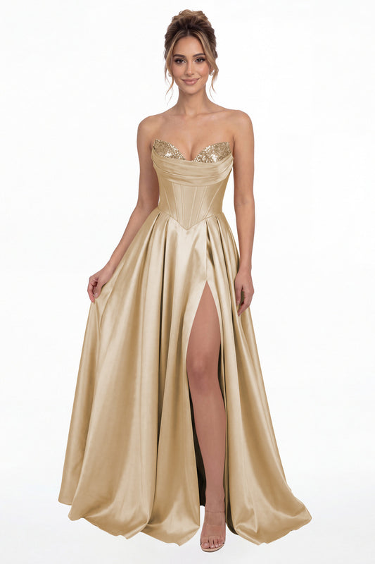 Champagne Strapless Sequin Corset Satin Slit Prom Gown - Front View