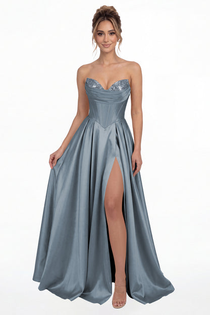 Dusty Blue Strapless Sequin Corset Satin Slit Prom Gown - Front View