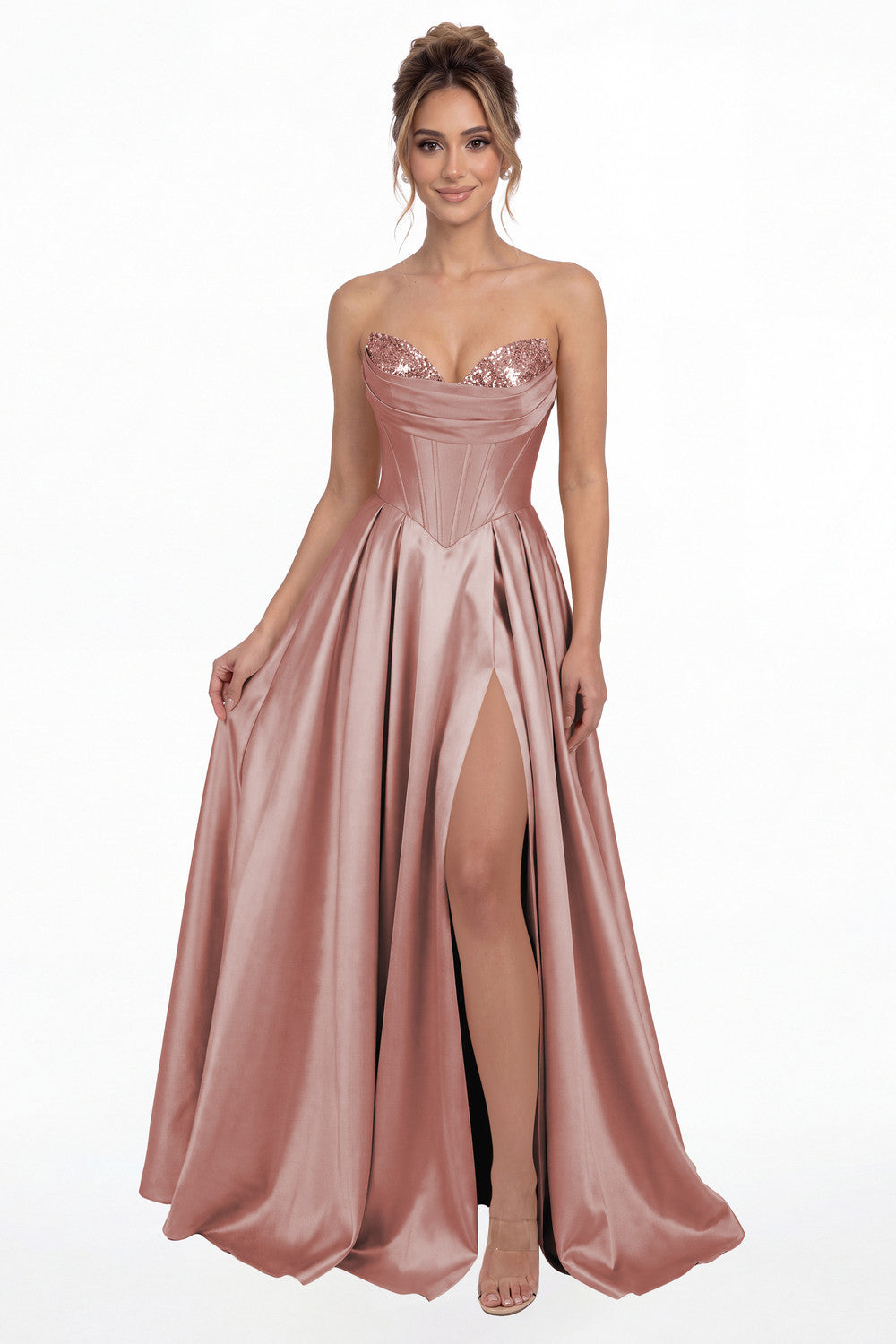 Dusty Rose Strapless Sequin Corset Satin Slit Prom Gown - Front View