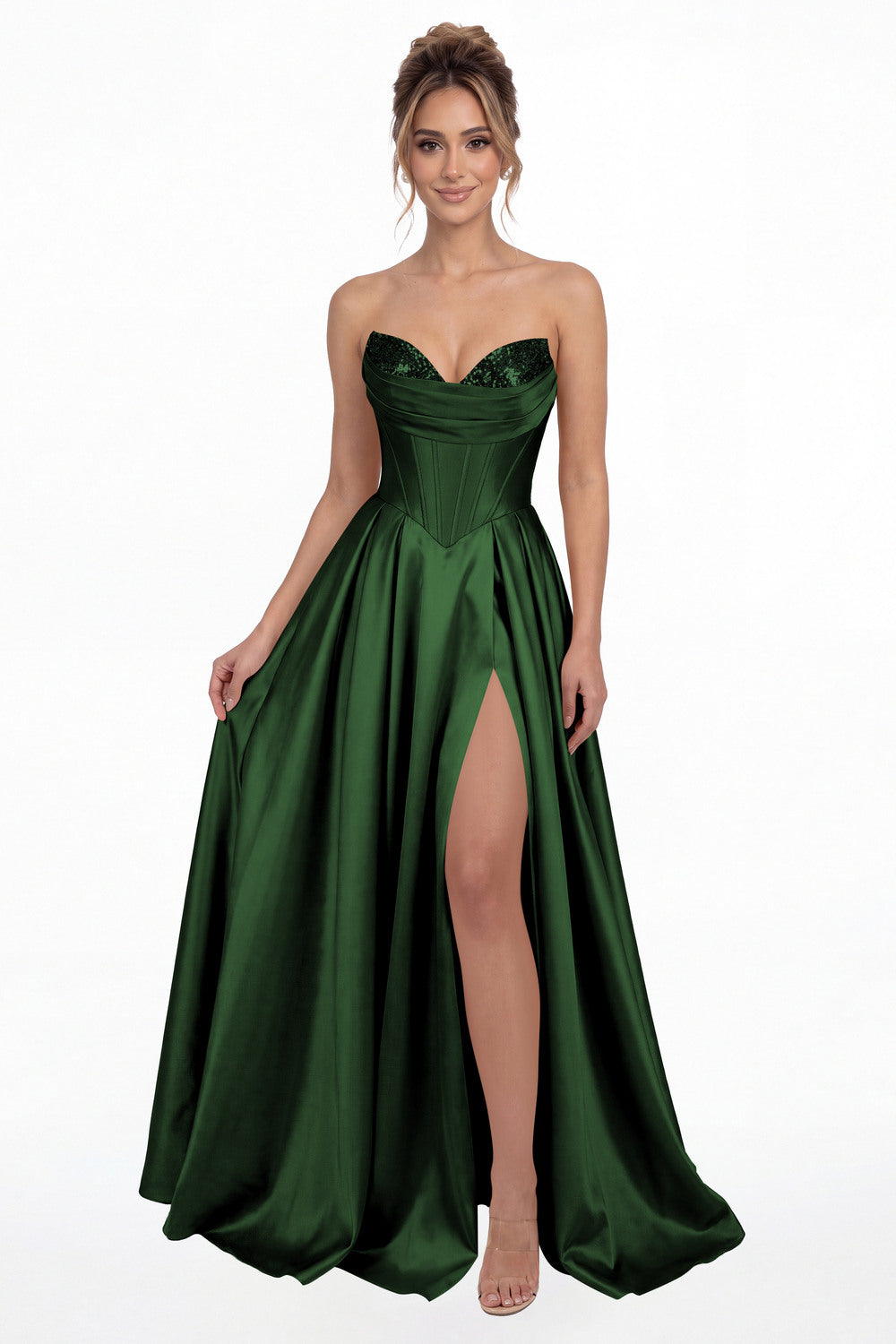 Emerald Green Strapless Sequin Corset Satin Slit Prom Gown - Front View