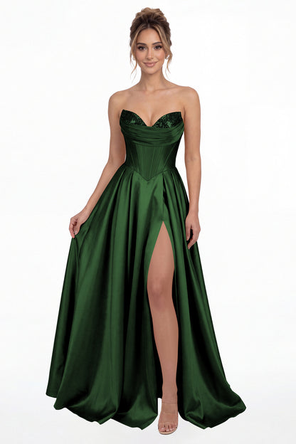 Emerald Green Strapless Sequin Corset Satin Slit Prom Gown - Front View