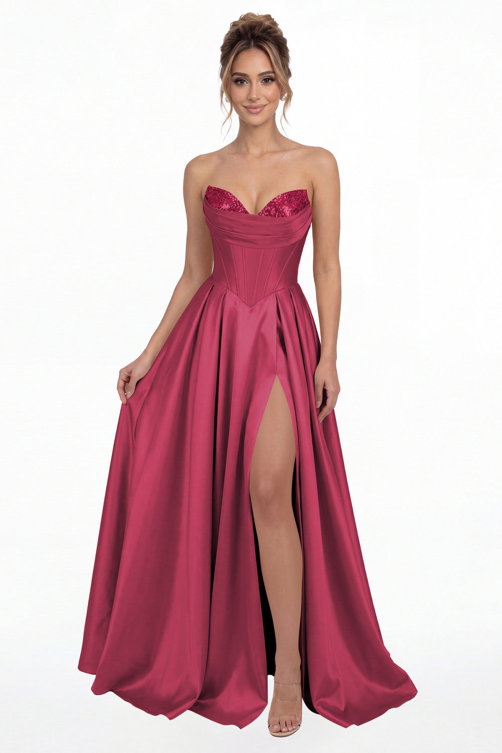 Fuchsia Strapless Sequin Corset Satin Slit Prom Gown - Front View