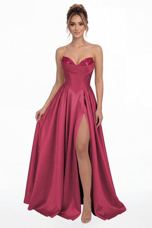 Fuchsia Strapless Sequin Corset Satin Slit Prom Gown - Front View