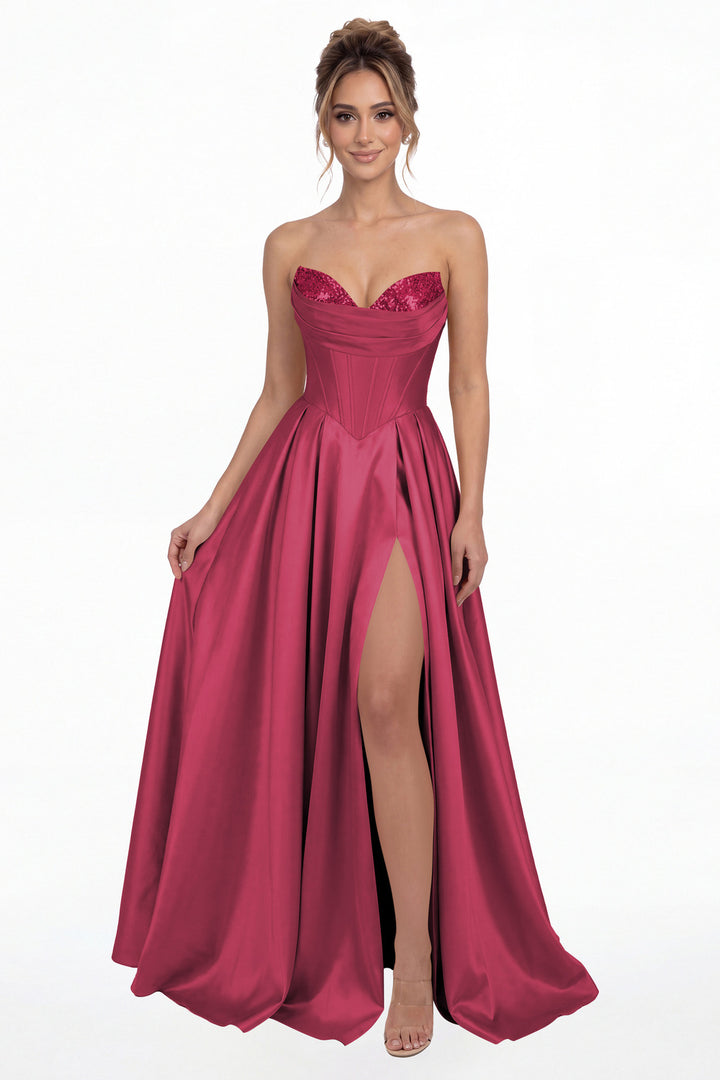 Fuchsia Strapless Sequin Corset Satin Slit Prom Gown - Front View