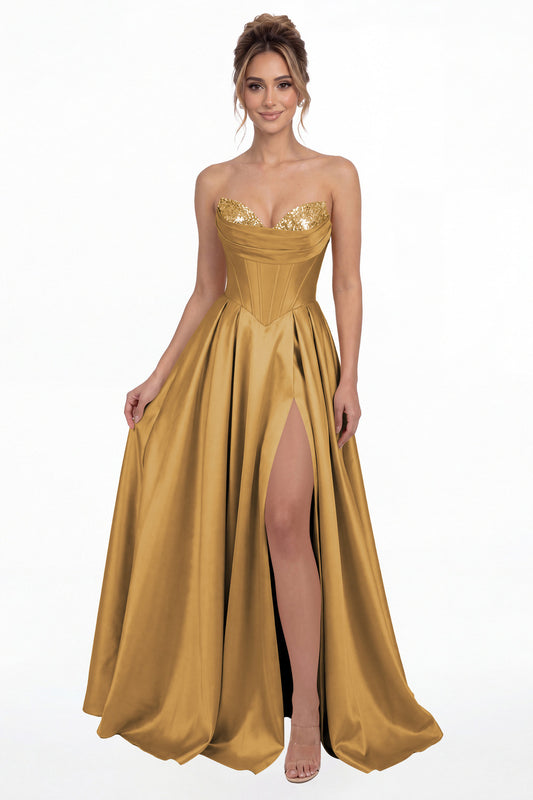Gold Strapless Sequin Corset Satin Slit Prom Gown - Front View