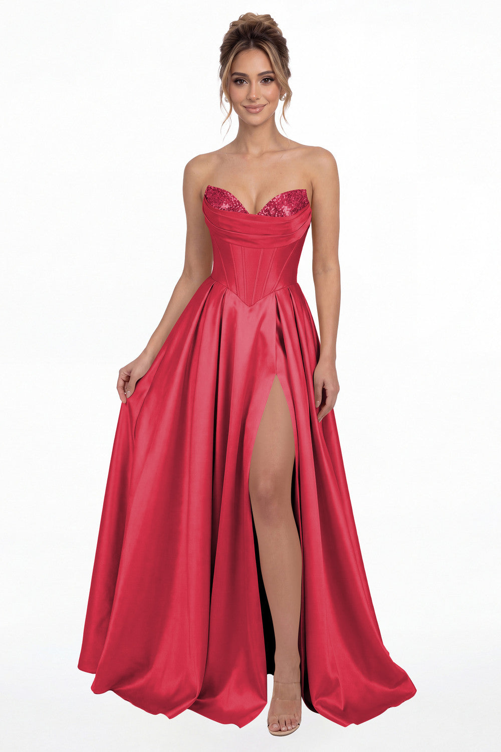 Hot Pink Strapless Sequin Corset Satin Slit Prom Gown - Front View