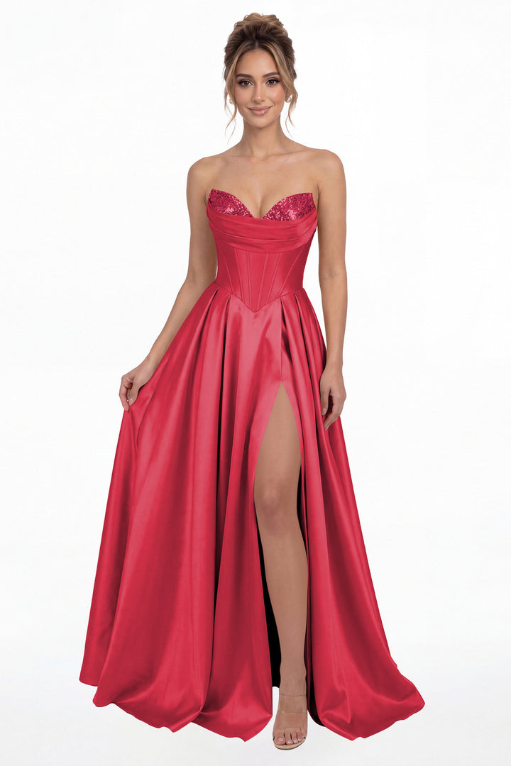 Hot Pink Strapless Sequin Corset Satin Slit Prom Gown - Front View