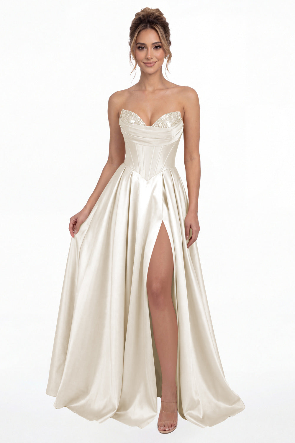 Ivory Strapless Sequin Corset Satin Slit Prom Gown - Front View