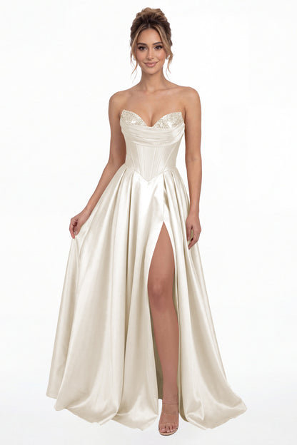 Ivory Strapless Sequin Corset Satin Slit Prom Gown - Front View