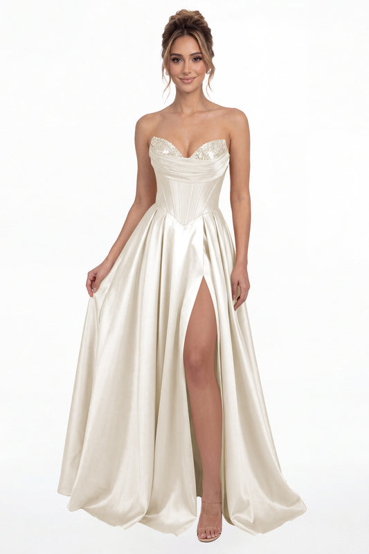 Ivory Strapless Sequin Corset Satin Slit Prom Gown - Front View