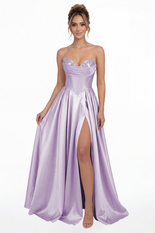Lavender Strapless Sequin Corset Satin Slit Prom Gown - Front View