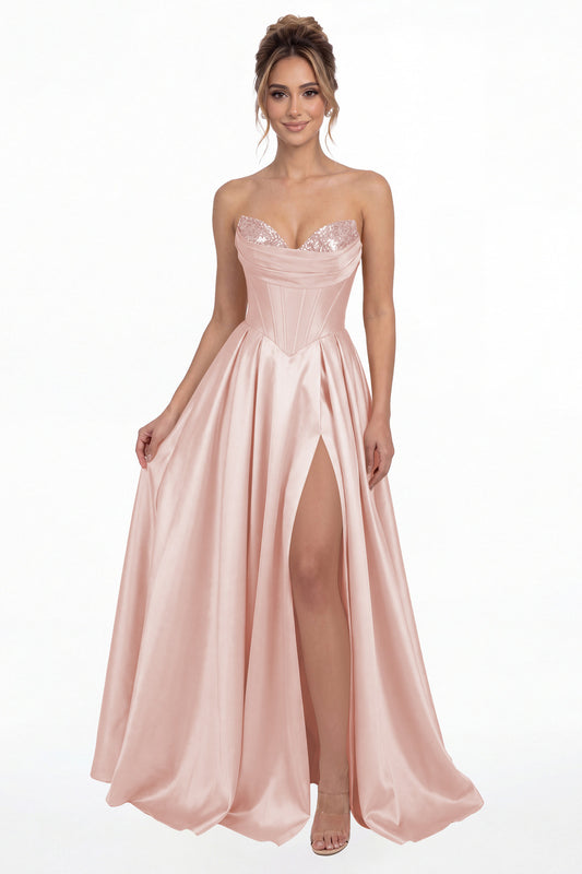 Light Pink Strapless Sequin Corset Satin Slit Prom Gown - Front View