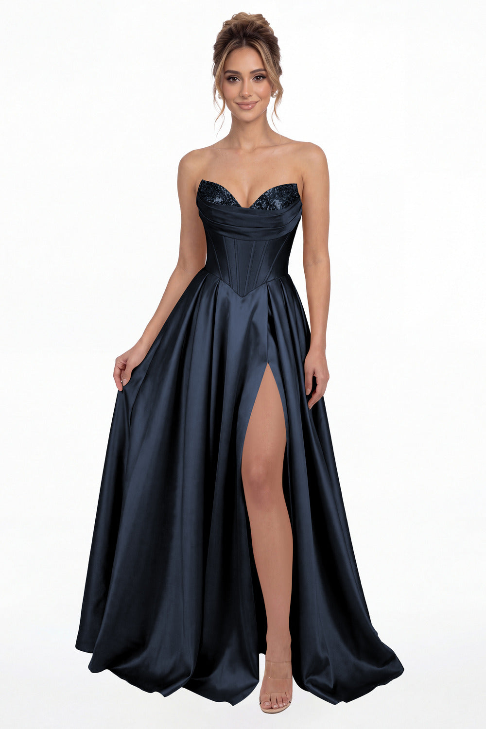 Navy Blue Strapless Sequin Corset Satin Slit Prom Gown - Front View