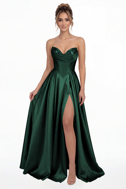 Peacock Strapless Sequin Corset Satin Slit Prom Gown - Front View