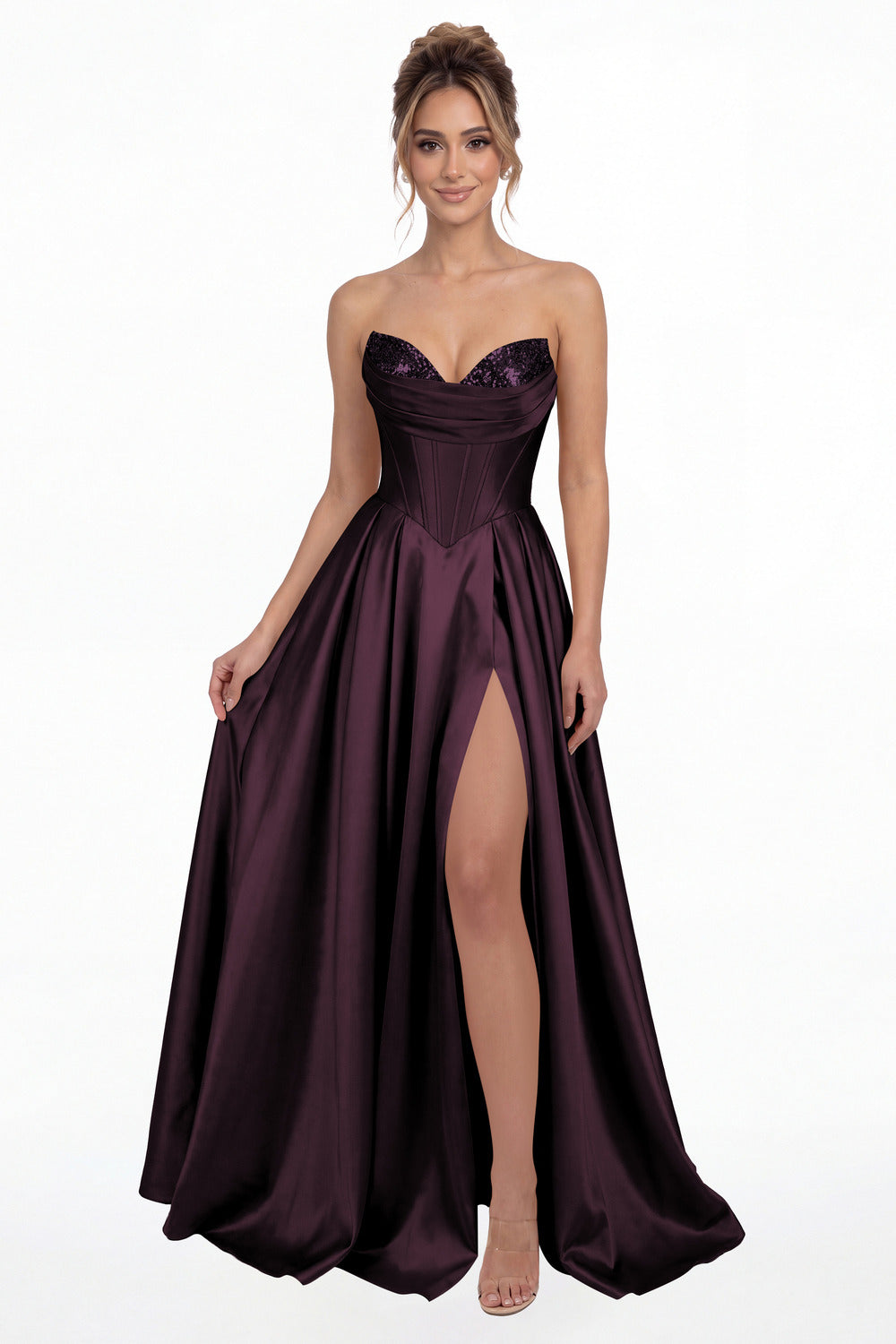 Plum Strapless Sequin Corset Satin Slit Prom Gown - Front View