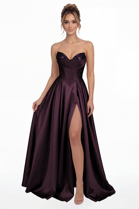 Plum Strapless Sequin Corset Satin Slit Prom Gown - Front View