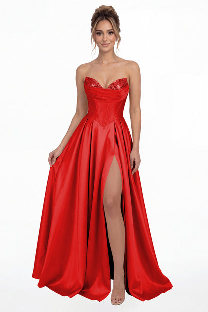 Red Strapless Sequin Corset Satin Slit Prom Gown - Front View