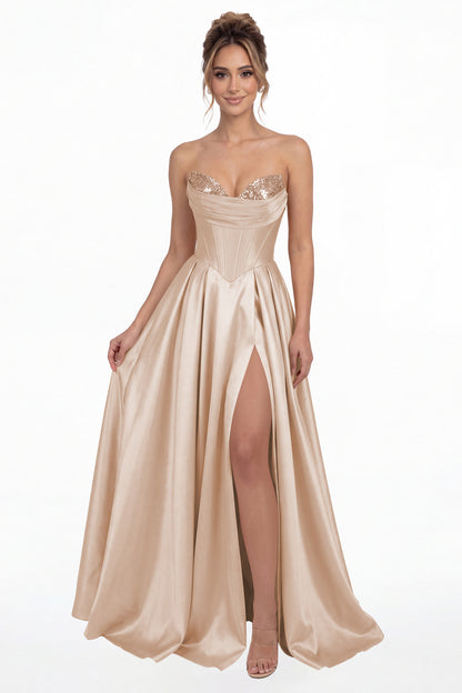 Rose Gold Strapless Sequin Corset Satin Slit Prom Gown - Front View