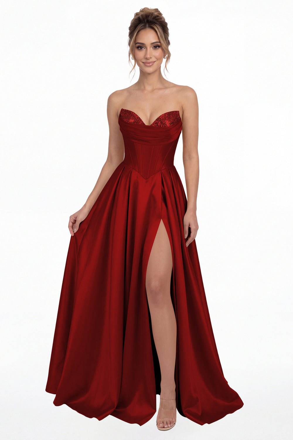 Wine Red Strapless Sequin Corset Satin Slit Prom Gown - Front View