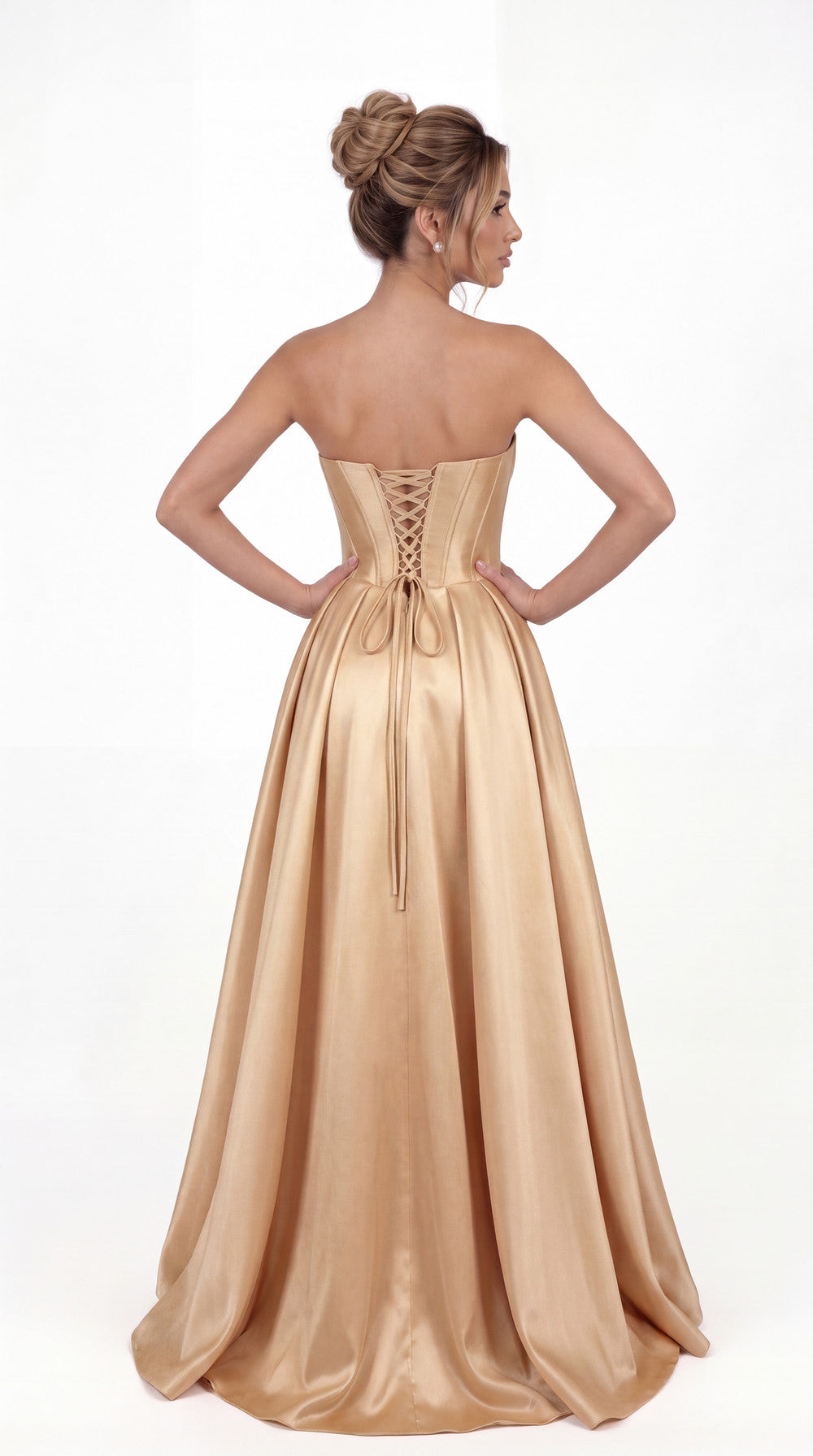 Strapless Sequin Corset Satin Slit Prom Gown - Back View