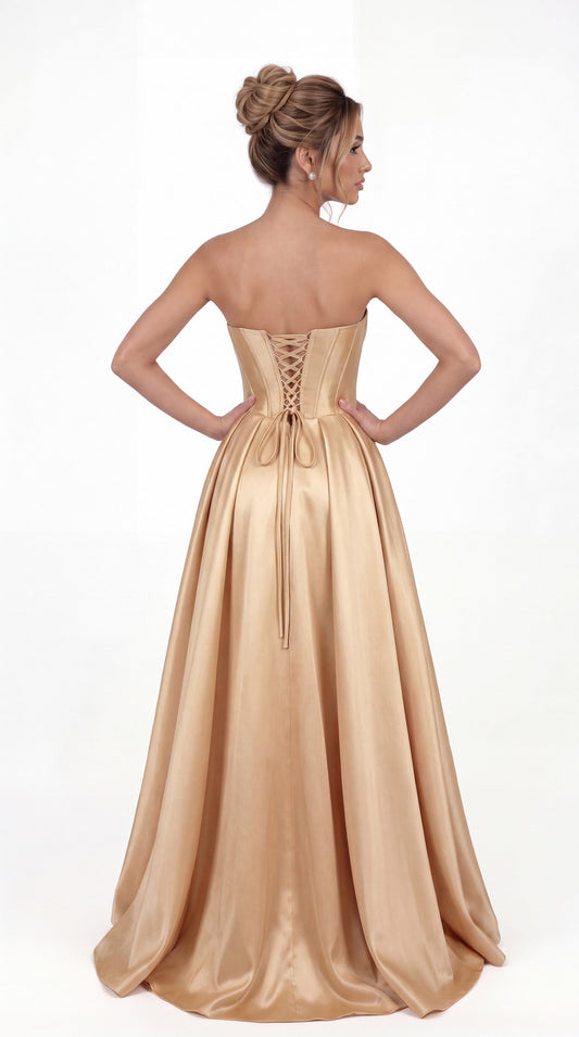Strapless Sequin Corset Satin Slit Prom Gown - Back View