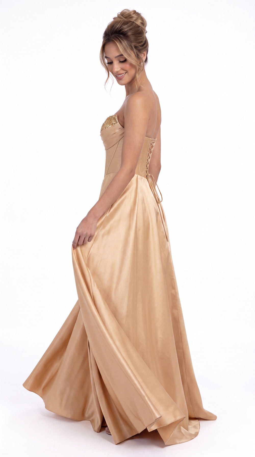 Strapless Sequin Corset Satin Slit Prom Gown - Detail View 3