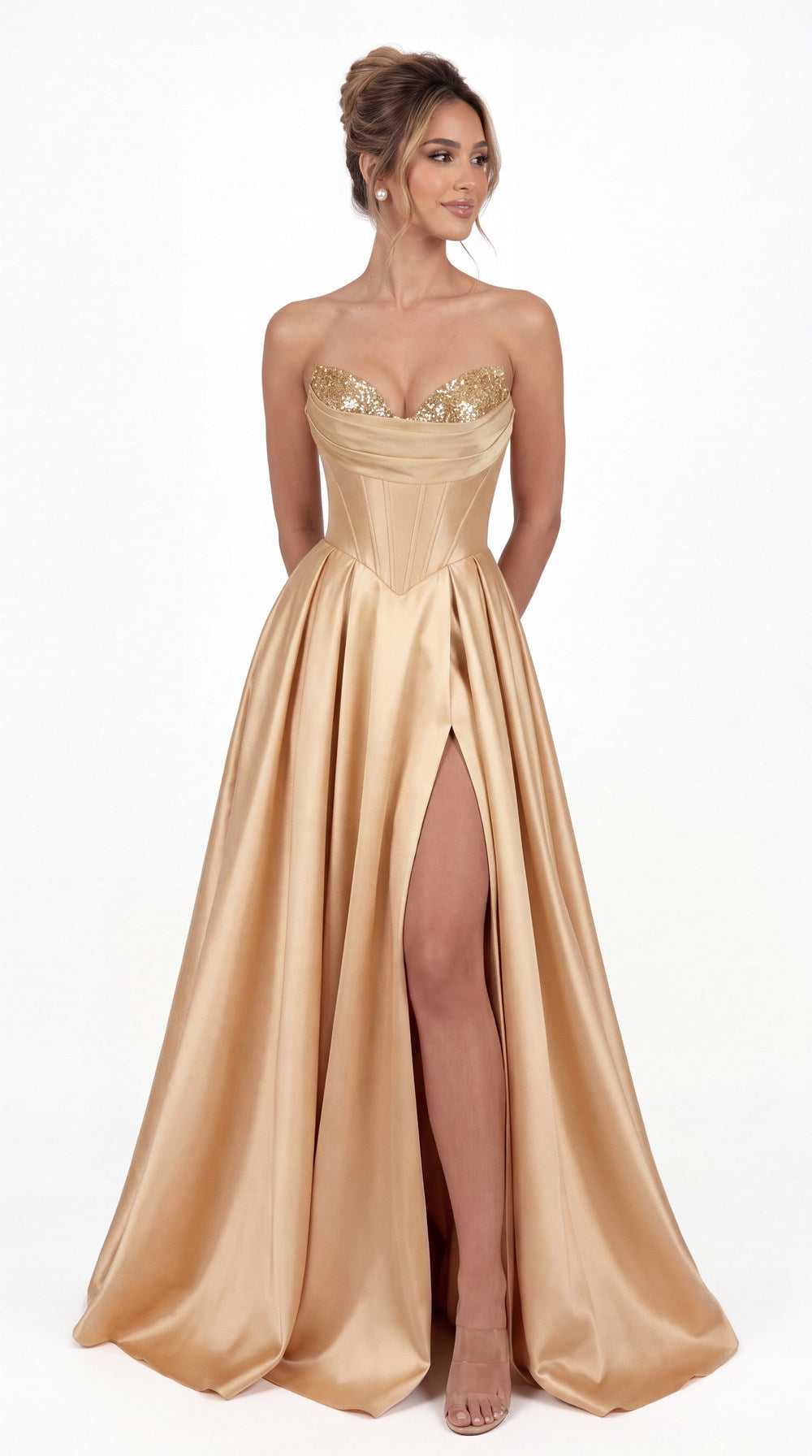 Strapless Sequin Corset Satin Slit Prom Gown - Detail View 4