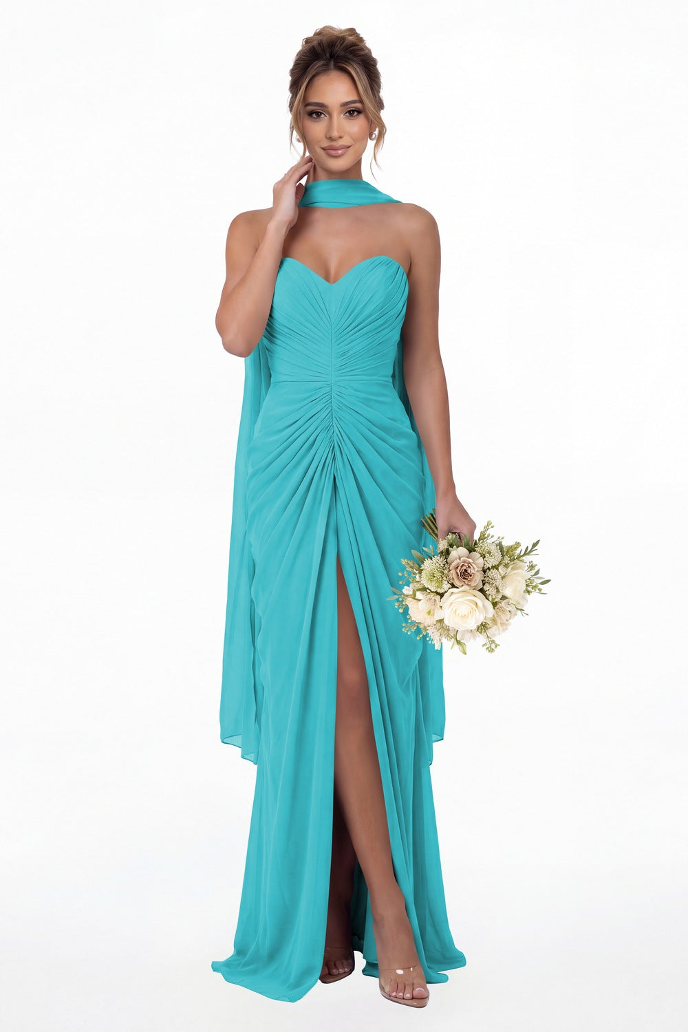 Aqua Blue Strapless Ruched Chiffon Slit Maxi Gown - Front View