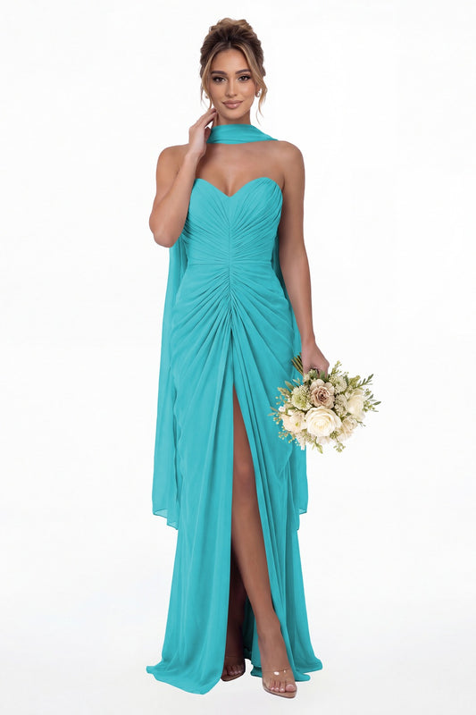 Aqua Blue Strapless Ruched Chiffon Slit Maxi Gown - Front View