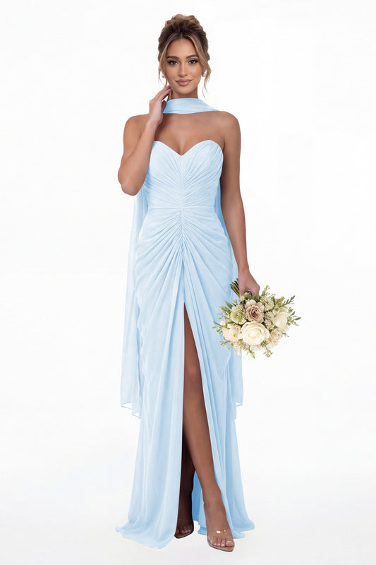 Baby Blue Strapless Ruched Chiffon Slit Maxi Gown - Front View