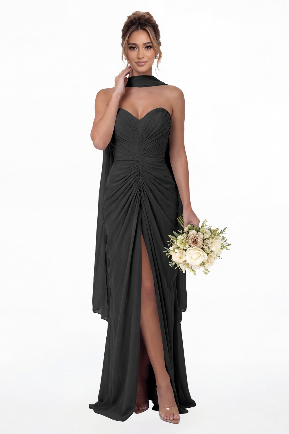 Black Strapless Ruched Chiffon Slit Maxi Gown - Front View