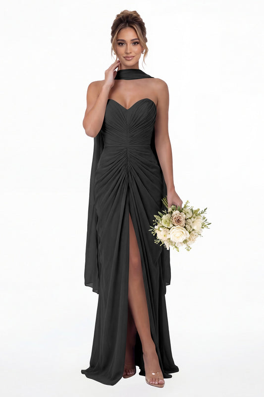 Black Strapless Ruched Chiffon Slit Maxi Gown - Front View